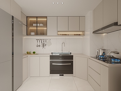 奶油极简封闭式厨房 集成洗碗机 水槽 厨具 厨房用品 冰箱