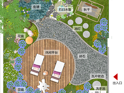 现代新中式乡村庭院 农村庭院 乡村院子 秋千 生态鱼塘 花镜