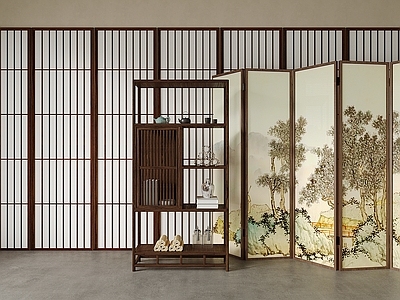 新中式屏风 木屏风 可折叠屏风 博古架 装饰柜 储物柜