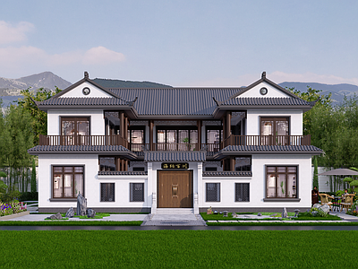 中式别墅 中式合院别墅 三合院 自建房 乡村别墅 二层别墅