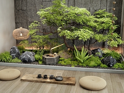 新中式室内景观 羽毛枫 苔藓 水钵水景 植物造景 藤编吊灯
