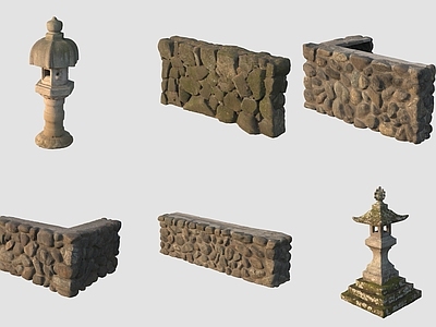 中式石头 古代路灯石头围墙