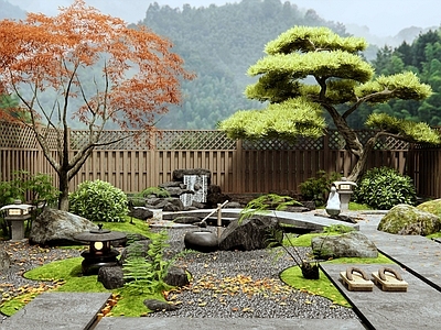 日式禅意庭院 枯山水庭院 假山水景 篱笆围栏 石板 景观石头
