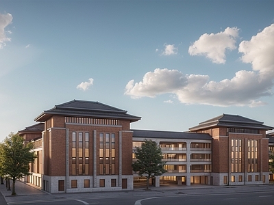 新中式中式学校建筑 新中式学校教学楼 教学楼 学校建筑