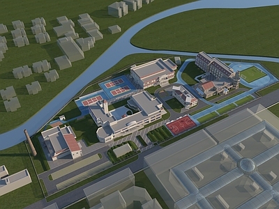 现代新中式学校外观 学校 教学楼 鸟瞰学校
