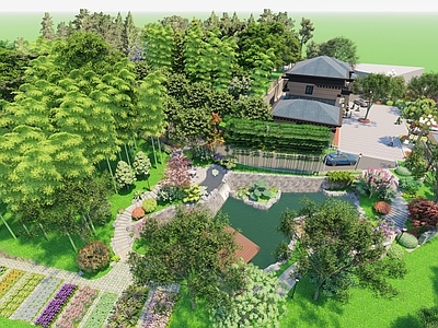 新中式乡村庭院 立柱大门 跌水鱼池 照壁景墙 铝艺凉亭 花架