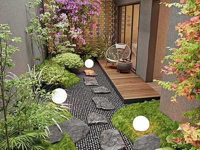 现代别墅阳台 天井庭院花园 下沉庭院景观 灌木 三角梅 户外椅