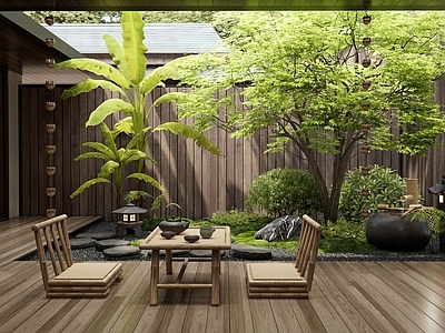 日式禅意庭院 天井植物造景 户外茶桌椅 雨链 水钵 芭蕉