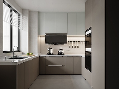 现代开放式厨房 u型厨房 现代厨房 厨房柜门拉手 蒸烤一体机柜体 厨房用具