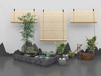 现代假山水景 竹帘 景观小品