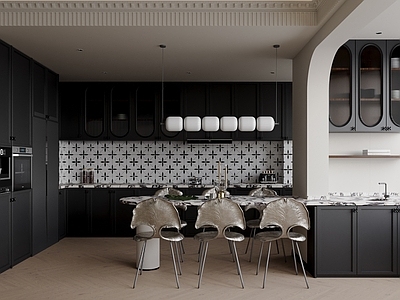 法式中古家居餐厅 卡座餐厅 岛台餐厅 黑白灰餐厅 开放式餐厅 无主灯餐厅