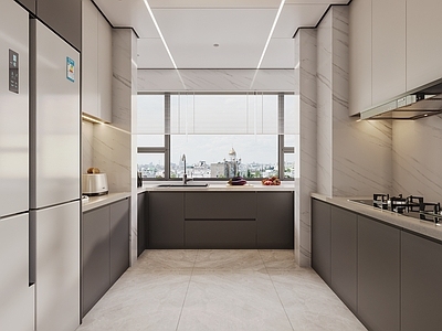 现代简约封闭式厨房 u型厨房 冰箱 大板