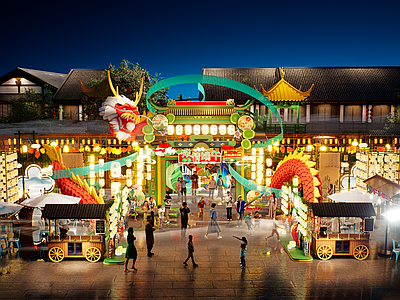 现代新中式商业景观 网红打卡国潮古风 灯笼灯会集市美陈 酒吧夜市文创集市 端午节夏日祭 人间烟火气氛围