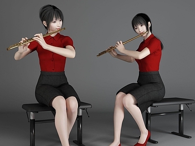 现代风格吹笛子美女人物