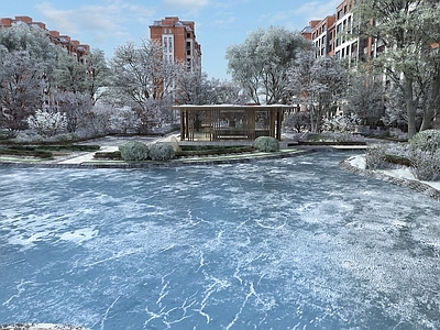 现代住宅景观 现代冬季园区景观 冬季雪景植物景观