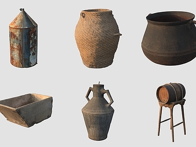 中式其他局部构件 古代容器陶罐木桶