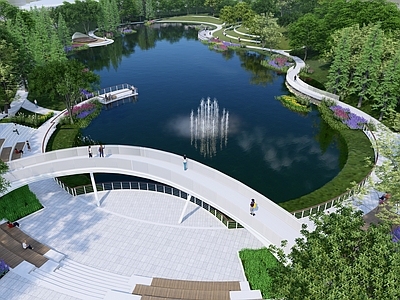 现代简约校园景观 校园景观 湖区景观 景观桥 滨水景观 高差处理