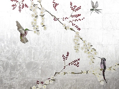 现代新中式金箔银箔 银箔植物画 花鸟梅花