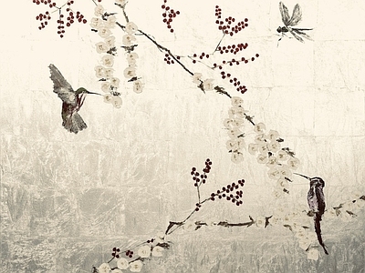 现代新中式金箔银箔 金箔植物画 花鸟梅花