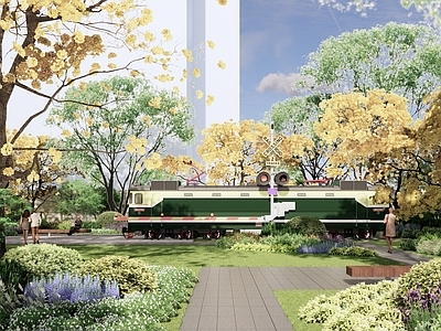 现代复古办公景观 绿皮火车 植物花境 铁路 办公景观 站台