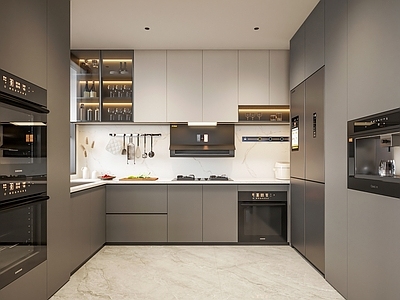 意式极简封闭式厨房 u型厨房 黑白灰厨房 蒸烤箱饮水机 方太烟机灶具 橱柜吊柜