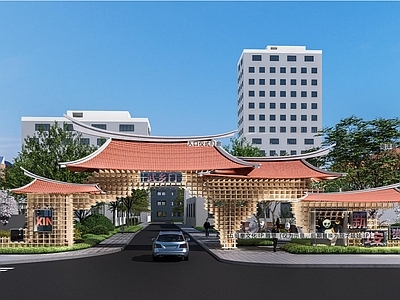 中式入口大门 传统中式文化入口 特色广场 文化商业街区入 文化特色景墙 地面印记铺装