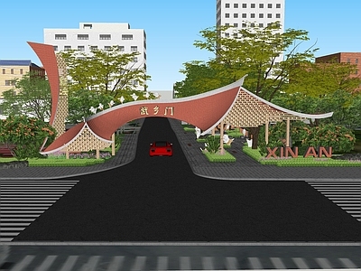 中式入口大门 传统中式文化入口 特色广场 文化商业街区入口 文化特色景墙 地面印记铺装