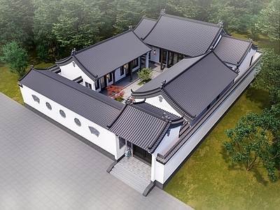 新中式中式四合院 四合院 鸟瞰 连廊 四合院大门 四合院院子