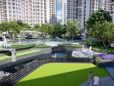 现代简约小区景观 现代小区 新加坡景观 高差处理 度假风 滨水景观