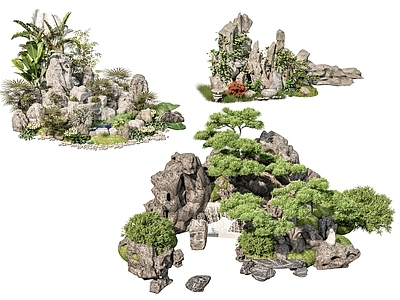 现代假山 庭院石头小品 庭院假山石头 假山石头水景 迎客松罗汉松松树 假山石头绿植从