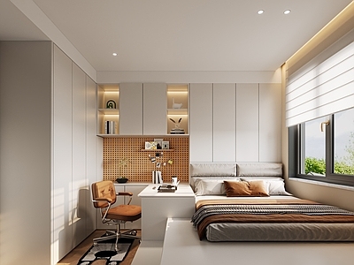 现代简约榻榻米卧室 卧室榻榻米 书桌椅 卷帘 儿童地毯 花瓶装饰