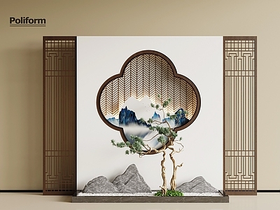 新中式住宅景观 新中式旱景景观 屏风 隔断
