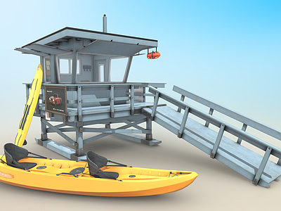 现代艺术风格建筑 带木板的救生站 海上救生站 救援站 救生艇 救援皮艇