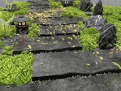 新中式日式园路 汀步 石板 微地形 苔藓 佛甲草
