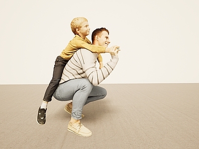 现代虚拟人物 亲子大人爸爸背小男孩