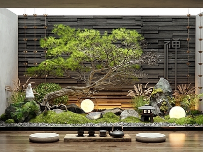 新中式室内景观 迎客松 狼尾草 苔藓石头 雨链 天井植物景观造景