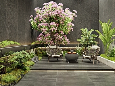 现代室内景观 天井庭院花园 植物景观 月季花 灌木 户外桌椅