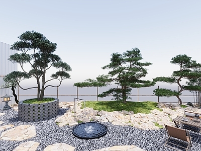 新中式现代庭院小品 罗汉松造景 现代碎石树池 现代景观庭院 现代景观水景 休闲空间