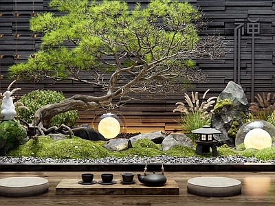 乔木 松树 迎客松 室内景观 苔藓石头 狼尾草