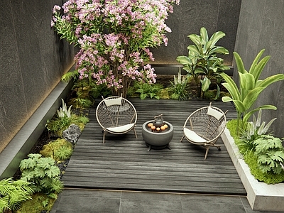 现代庭院 天井庭院花园 户外椅 花草 灌木 植物堆