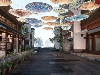 中式中古商业景观 风情街 中式 伞 水街 度假