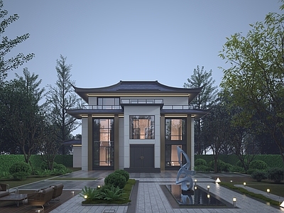 现代新中式别墅外观 别墅夜景 新中式别墅 农村自建房 自建房别墅