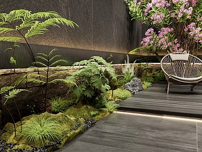 现代室内景观 天井室内景观 户外椅 蕨类植物 花草 苔藓