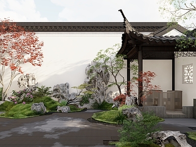 中式新中式别墅庭院 中式庭院 新中式庭院 中式亭子 太湖石假山