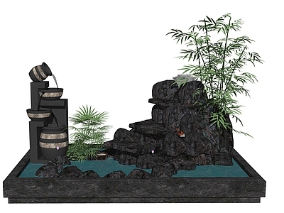 现代新中式水景 跌水 鱼池 组团小景 庭院水景