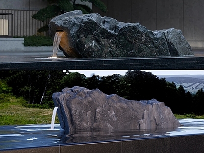 新中式中式石头 石头水景 自然景石水景 黑山石水景 景石流水景 自然块石流水景