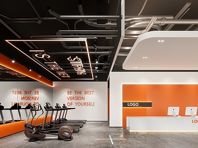 现代健身房 前台 健身房 工业风健身房 字母吊灯 教练照片墙 跑步机