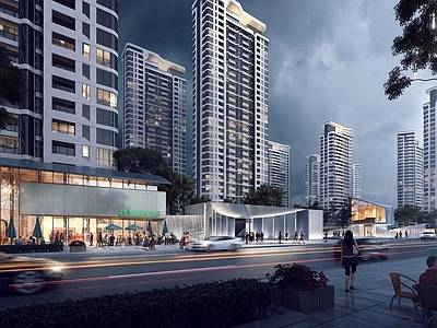 新中式现代售楼处外观 新中式售楼处 现代商业街 沿街夜景