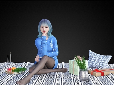 现代摆件组合 圣诞主题坐姿女孩礼盒