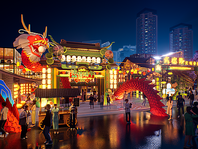 现代新中式端午节美陈 网红打卡啊国潮古 灯笼灯会集市美陈 酒吧夜市文创商业 端午节节日过年氛 人间烟火气